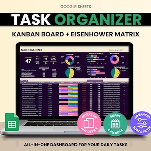 Könnte beinhalten: Ein Laptop, der ein Task-Organizer-Dashboard mit Kanban-Board- und Eisenhower-Matrix-Funktionen anzeigt. Der Bildschirm zeigt Datenvisualisierungen und Aufgabenlisten. Bunte kreisförmige Symbole zeigen "Funktioniert auf jedem Gerät", "Smart Calendar" und "Erweiterte Sortierung & Filterung". Der Text lautet "ALL-IN-ONE DASHBOARD FÜR IHRE TÄGLICHEN AUFGABEN".