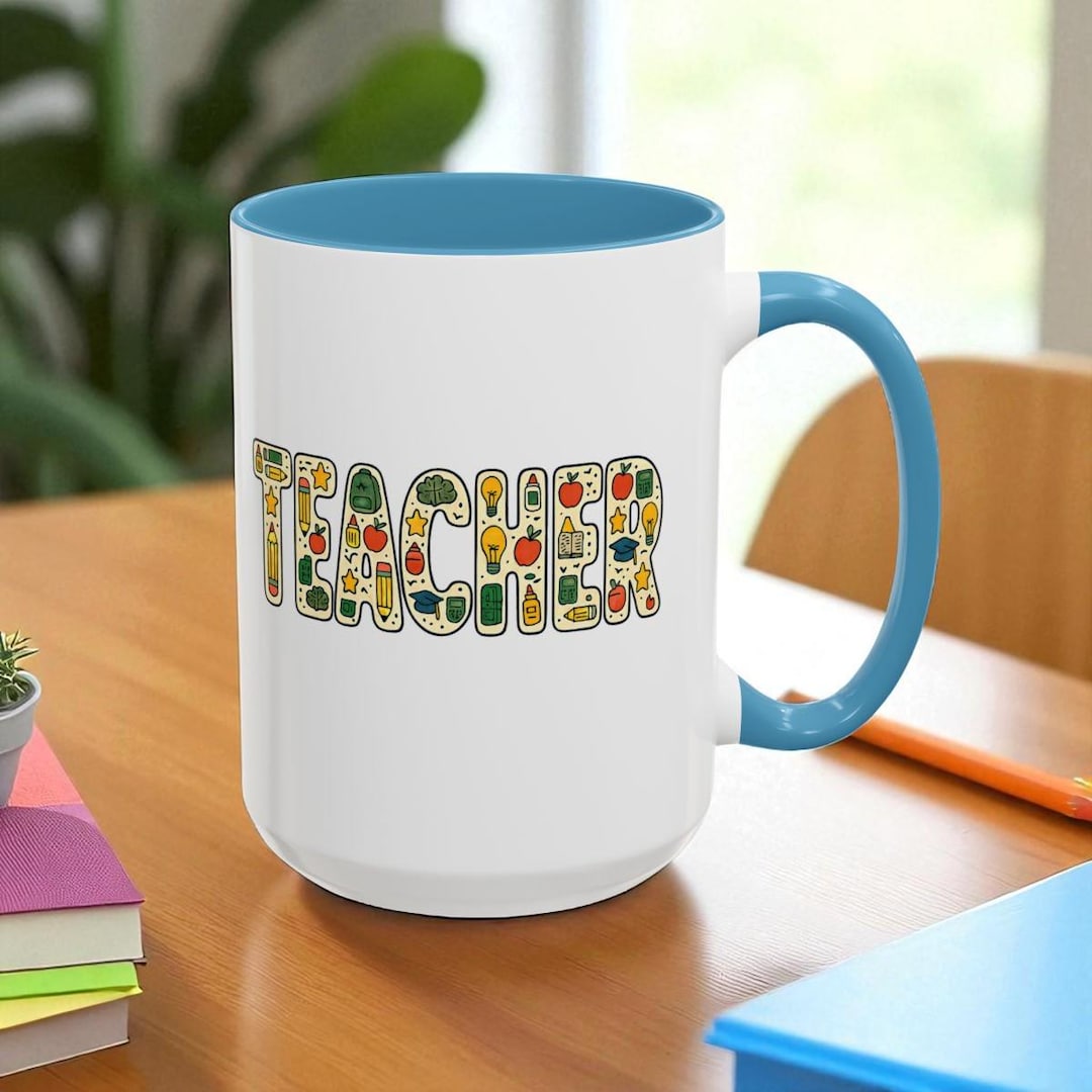 Teacher Coffee Mug | Colorful School Icons, Teacher Gift - Etsy
