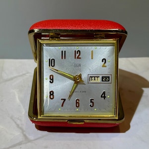 Vintage Elgin Wind-Up Alarm Clock: Red Travel Case, Mid-Century Design