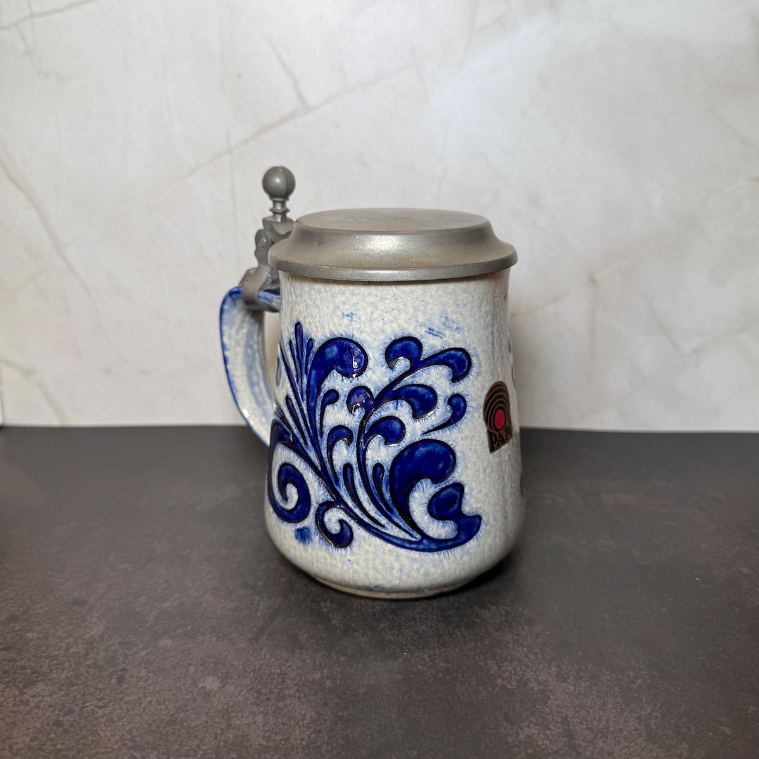 BAUSCH Made in Germany ドイツ製 Vintage German Beer Stein – Rein Zinn Bleifrei Pewter Lid – Blue