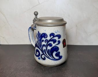 Vintage German Beer Stein – Rein Zinn Bleifrei Pewter Lid – Blue