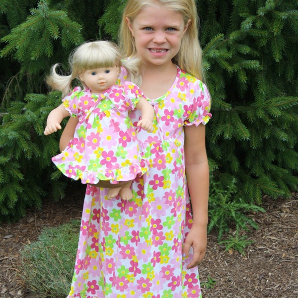 SPECIAL Pink and White Little Girl Flower Short Sleeve Nightgown with 2 Matching 18" or 15" Doll Nightgown