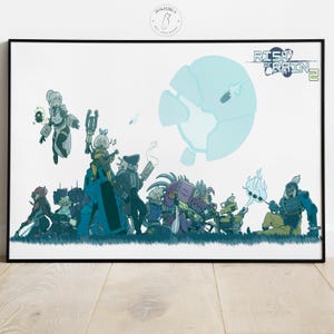 May include: A framed art print featuring a group of stylized characters, with a large, fragmented blue orb in the background. The title "Risk of Rain 2" is visible in the upper right corner. The artwork has a teal and white color scheme.