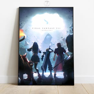 Peut inclure: Affiche encadrée avec le titre "FINAL FANTASY VII [REMAKE]" au-dessus d'un groupe de personnages dans une scène dramatique. L'œuvre d'art a un style sombre et cinématographique avec un fond lumineux.