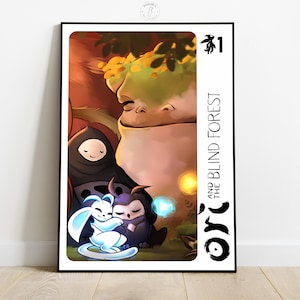 Op de afbeelding: Een ingelijste kunstdruk met personages uit "Ori and the Blind Forest". De illustratie toont een gloeiend wit wezen, een donkere figuur met capuchon en andere boswezens. De titel "Ori and the Blind Forest" staat verticaal afgedrukt.