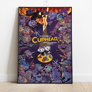 May include: A framed poster featuring the video game "Cuphead." The artwork showcases a vibrant, cartoonish style with numerous characters in a chaotic battle scene. The title "Cuphead" is prominently displayed, with text that reads "He's ace at fishing it out" and "A good pay for a swell battle - September 29."