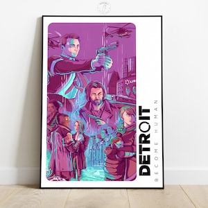 May include: A framed poster featuring a stylized illustration with a purple and teal color scheme. The artwork depicts several characters, including a man aiming a gun, with the text "DETROIT BECOME HUMAN" on the right side.