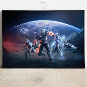 May include: A framed poster featuring a science fiction scene with three figures in futuristic armor, set against a backdrop of a planet and spacecraft. The figures are in action poses, with one emitting energy. The color palette includes blues, reds, and grays.
