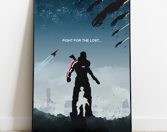 May include: Framed poster with a silhouette of a figure with red and white detailing, standing before a cityscape. The text "FIGHT FOR THE LOST..." is above the figure. Spacecraft and falling objects are in the background against a blue sky.