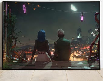 Peut inclure: Impression d'art encadrée représentant deux personnages assis, contemplant une ville nocturne éclairée par un croissant de lune et des lanternes. L'illustration numérique présente des guirlandes lumineuses et une atmosphère romantique.