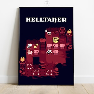 May include: A framed print with the word "HELLTAKER" in white. The artwork shows a pixelated map in red and black, with characters and objects like a key and treasure chest. The image has a gaming theme, with a dark background and a bold, graphic style.
