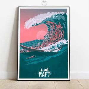 May include: A framed art print featuring a stylized illustration of a large ocean wave. The wave is depicted in shades of teal, pink, and white, with a surfboard and the word "RAFT" at the bottom. The background shows a pink sky and a full moon.