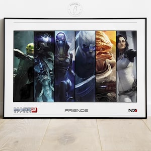 May include: Framed print featuring characters from the Mass Effect video game series. The artwork is divided into vertical panels, showcasing various characters in detailed armor and attire. The word "FRIENDS" is centered below the images, with the game's logo and "N7" branding.