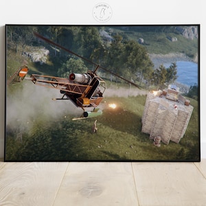 Pode incluir: Impressão emoldurada com uma ilustração detalhada de um helicóptero enferrujado em voo, com um edifício ao fundo. O helicóptero está a disparar, num cenário de colinas verdes e um lago.