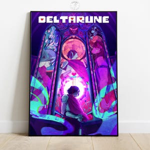 May include: A framed poster featuring the word "DELTARUNE" in pixelated white letters above a stained-glass style illustration. The artwork depicts characters in shades of purple, pink, and teal, with a central figure in a red cloak.