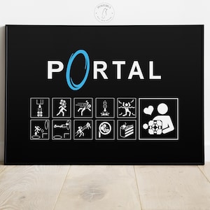 Könnte beinhalten: Schwarz gerahmtes Poster mit dem Wort "PORTAL" in weißen Großbuchstaben, mit einem hellblauen Oval in der Mitte des "O". Darunter befinden sich 12 weiße quadratische Symbole. Das Poster befindet sich auf einer weißen Oberfläche.