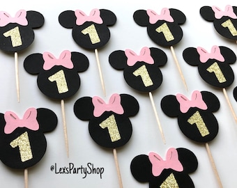 Minnie Mouse 1st Birthday Cupcake Toppers: Black & Gold Glitter, Pink Bows (12 Pack)