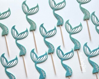 Ombré Glitter Mermaid Tail Cupcake Toppers - Teal Party Decorations