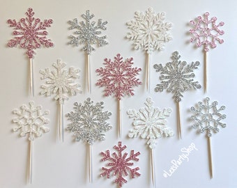 Glitter Snowflake Cupcake Toppers: Frozen, Christmas Party Decorations (set of 12)