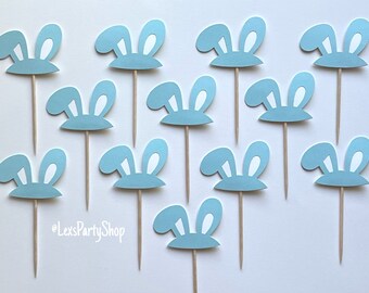 Bunny Ear Cupcake Toppers, Blue and White Rabbit Cupcake Toppers, Food Decorations