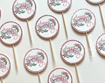 Mother's Day Glitter Cupcake Toppers: Floral Party Decorations