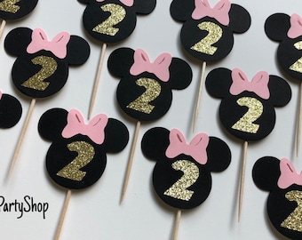 Minnie Mouse 2nd Birthday Cupcake Toppers: Black & Gold Glitter