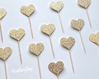 Champagne Glitter Heart Cupcake Toppers: Bachelorette Party Decor (Set of 12)