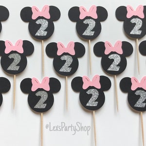 Minnie Mouse 2nd Birthday Cupcake Toppers: Black & Silver Glitter