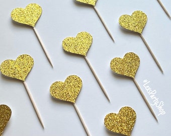 Gold Glitter Heart Cupcake Toppers: Bachelorette Party Decor (Set of 12)