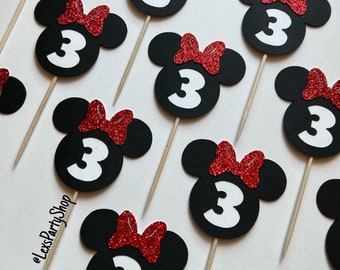 Minnie Mouse Cupcake Toppers, Minnie Mouse Food Picks, Glitter Bow toppers