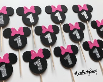 Minnie Mouse Cupcake Toppers,  12 pack of 1st Birthday Glitter Cupcake Toppers