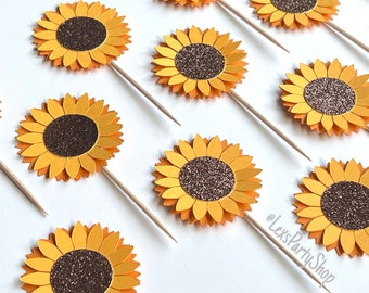 Sunflower Cupcake Toppers, Sunflower party theme, Sunflower