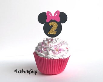 Minnie Mouse Cupcake Toppers: Black, Gold Glitter, Pink Bows