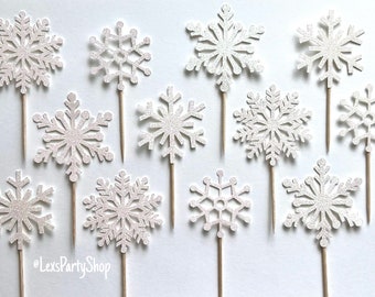 Snowflake Cupcake Toppers: Iridescent White Glitter Cardstock, Set of 12