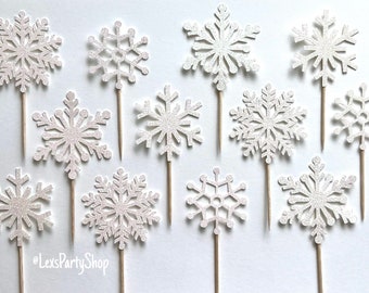 Snowflake Cupcake Toppers, White Snowflake cupcake picks, Frozen Cupcake Toppers