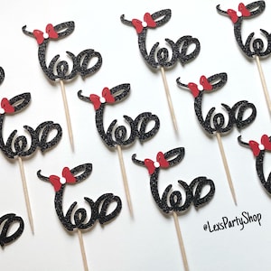 Minnie Mouse 2nd Birthday Cupcake Toppers: Black Glitter, Red Bows (12 Pack)