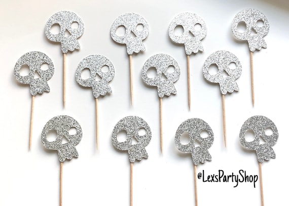 Silver Glitter Skull Cupcake Toppers: Pirate Party Decorations