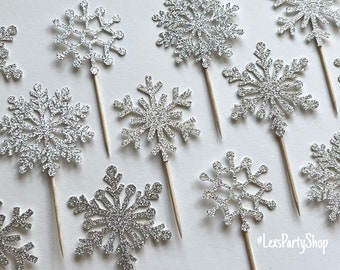 Silver Glitter Snowflake Cupcake Toppers: Frozen Party Decor (Set of 12)