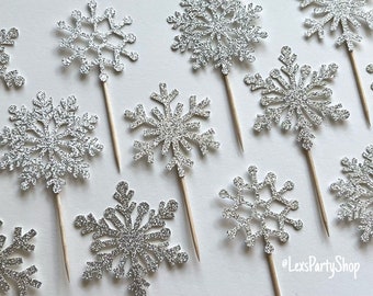 Snowflake Cupcake Toppers, Silver Snowflake cupcake picks, Frozen Cupcake Toppers