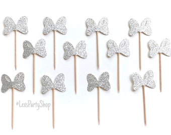 Silver Glitter Minnie Mouse Bow Cupcake Toppers - Birthday Party Decorations