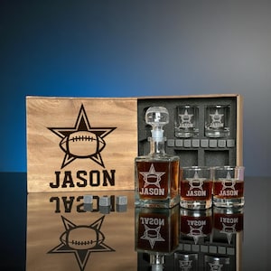 Football Fan Gift For Husband, Whiskey Decanter Set With Rocks Glasses, Custom Name Wooden Box, Holiday Sports Gift For Him