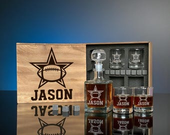 Football Fan Gift For Husband, Whiskey Decanter Set With Rocks Glasses, Custom Name Wooden Box, Holiday Sports Gift For Him