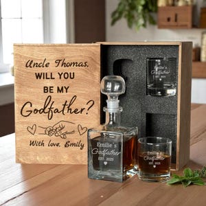 Regalo personalizzato per la proposta di matrimonio del padrino, decanter per whisky, bicchieri, scatola di legno incisa, regalo personalizzato per la proposta di matrimonio del padrino per lui