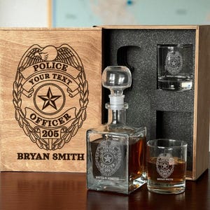 Christmas Gift for Police Officer, Personalized Whiskey Decanter Set with Engraved Rocks Glasses, Wooden Box for Cop or Policeman Retirement