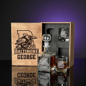 Football Barware Gift For Him, Personalized Whiskey Decanter Set With Etched Glasses And Wooden Box, Holiday Sports Present