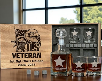 Set de whisky para veteranos militares: decantador y vasos de whisky personalizados en caja de madera, regalo patriótico para soldados o militares.