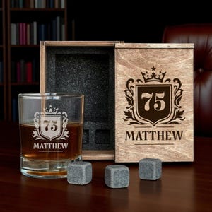 75th Birthday Gift for Dad Whiskey Decanter Set Personalized Engraved Glass Rocks Whiskey Box Milestone Present for Husband 75 Year Old Man