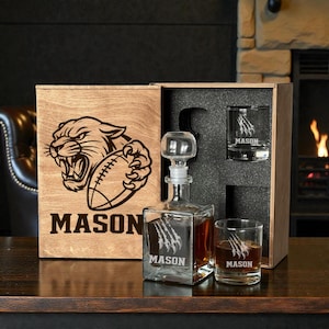 Personalized Whiskey Decanter Set With Rocks Glasses, Custom Name Engraved Wooden Box, Premium Christmas Football Fan Gift