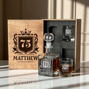 Whiskey Decanter Set 75th Birthday Gift Engraved Rocks Glass Custom Whiskey Box Milestone Gift for Husband Dad Friend 75 Year Old Man