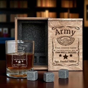 Army Veteran Whiskey Decanter Set with Engraved Glasses Custom Retirement Gift for Military Man in Personalized Wooden Box